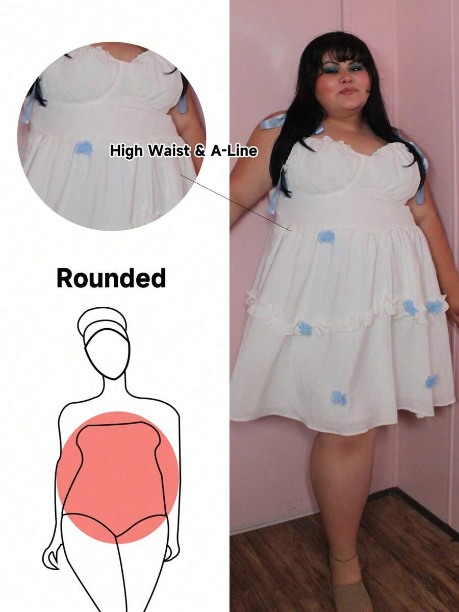 Enliva Karlangas.Toledo Plus Size Blue Ribbon Colorblock White Bustier Style Flared Short Dress Three-Dimensional Flower,Summer,Graduation,Wedding,Beach Dress Sundress,Holiday Outfits Boho,Corset Dress For Women, For Apple Rounded Body Shape