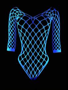 Glow-In-The-Dark Bodystocking] Neon Green & Black Glow-In-The-Dark Skeleton Fishnet Bodystocking | Long-Sleeve One-Piece With Three-Point Bikini Cut, Semi-Sheer Semi-Transparent Design For Nighttime Wear & Themed Parties, Intimate Apparel, Sexy Bodys - 藍色 - 查看 4