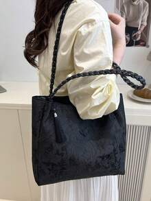 1pc Women's Fashion Commuter Large Capacity Printed Tote Bag, Suitable For Beach, Travel, Minimalist, Lightweight, Unique Woven Strap, Elegant Ribbon, Foldable - Black - View 6