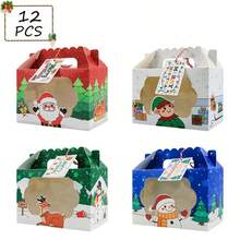 Sacs cadeaux de Noël avec fenêtres et étiquettes, pack de 12 sacs cadeaux en papier de Noël avec 4 designs assortis pour la fête de Noël et les vacances