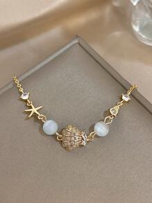 1 Peça Pulseira Pingente com Tema Oceânico Banhada a Ouro 18K para Mulheres e Meninas, Corrente de Elos com Estrela do Mar e Concha de Aço Inoxidável com Contas de Olho de Gato e Cubic Zircônia, Joia Boêmia Ajustável para Praia, Dia das Mães, Verão e Ocasiões Especiais