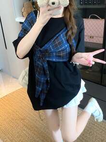 Áo thun tay ngắn cổ bẻ kẻ caro dáng rộng, thích hợp cho mùa hè. - màu đen - Xem 4