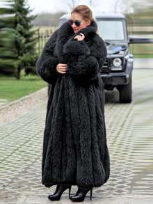 Chic Women's Black Faux Fur Coat Loose Fit Long Length Regular Long Sleeve Fuzzy Detail Waterfall Neckline