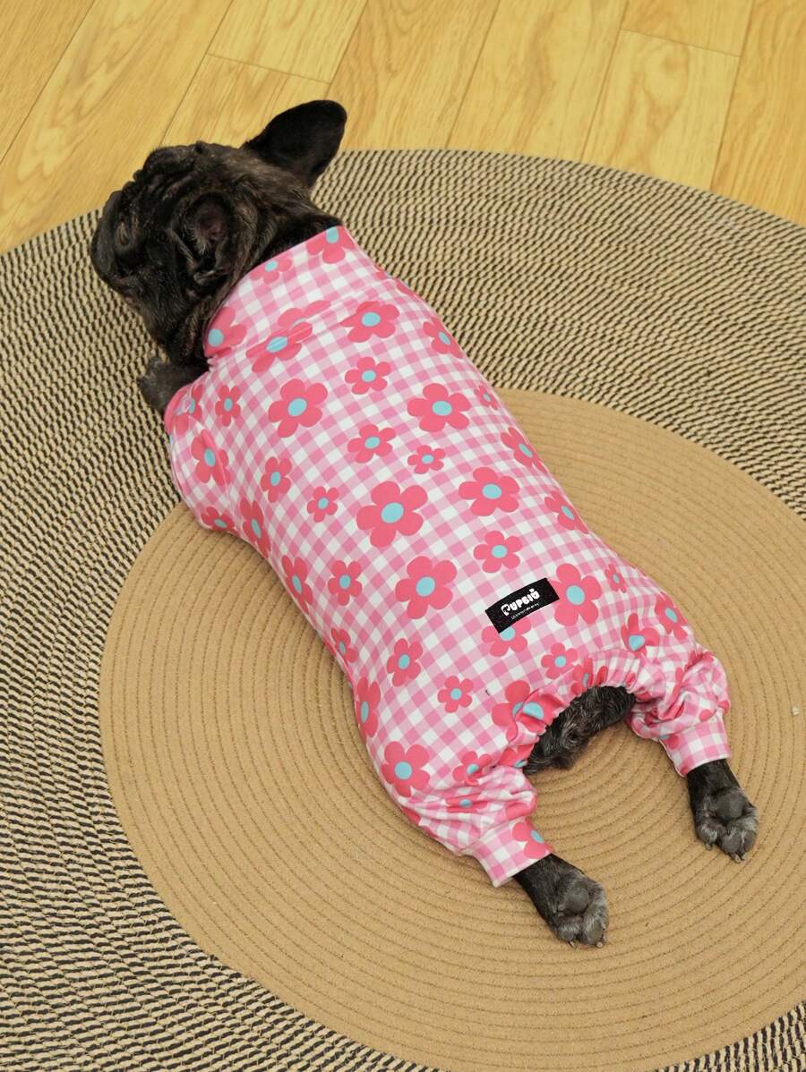 狗狗睡衣、狗狗康复服、狗狗服装、狗狗套头衫 Dog StuffUltra、狗狗服装、狗狗衣服、狗狗配饰、小狗睡衣、小狗衣服、小狗配饰、小狗服装、适合中小型和大型犬种的睡衣，柔软且有弹性，全身印花 - 红白格子和花朵印花，S-6XL