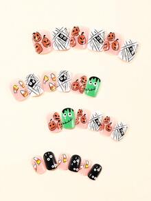 24 件万圣节指甲短方形南瓜绷带木乃伊印花装饰全覆盖按压可拆卸假指甲，适合女性节日派对美甲装饰指甲用品 - 彩色 - 查看 3