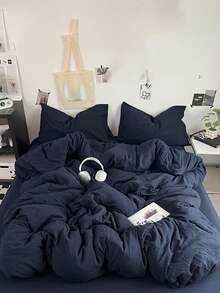 3 件套海军蓝柔软亲肤羽绒被套（1 个羽绒被套 + 2 个枕套），适用于卧室和客房，四季皆宜，可机洗 - 藏蓝色 - 查看 4