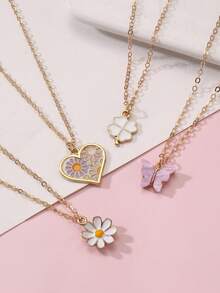 4pcs/Set Fashionable & Cute Daisy, Heart, Butterfly, Clover Pendant Necklace Set - Multicolor - View 3