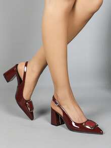 Bowknot Chunky Heel Pointed Toe Backless Sandals - Burgundy - View 3