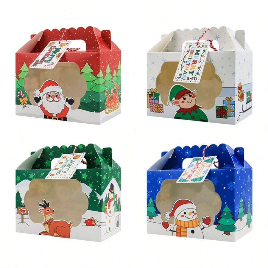 Sacs cadeaux de Noël avec fenêtres et étiquettes, pack de 12 sacs cadeaux en papier de Noël avec 4 designs assortis pour la fête de Noël et les vacances