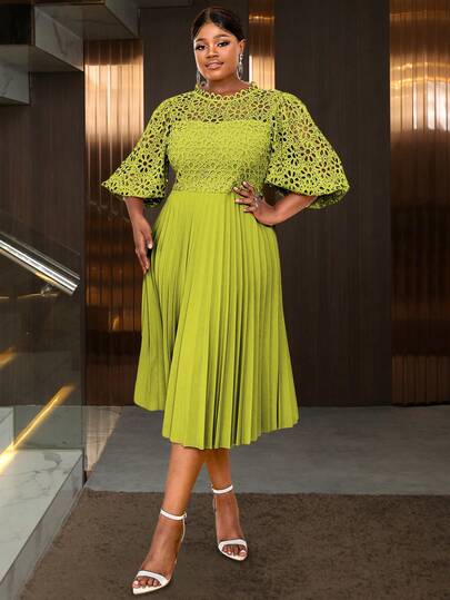 Lace Pleated Dresses Half Lantern Sleeves Hollow Out Elegant Midi Wedding Guest,Graduation Outfit