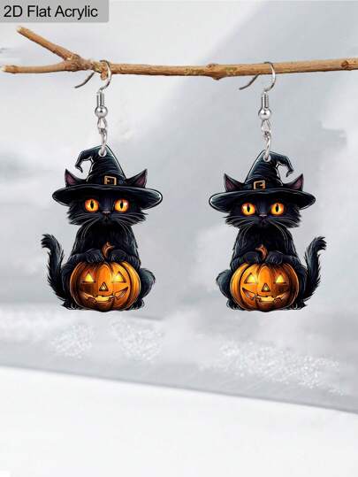 1 Pair Of Halloween Earrings Cute Black Cat And Halloween Pumpkin Acrylic Earrings For Women Female Daily & Holiday Earrings Accessories 2D Flat Earrings Animal Earrings Halloween Gifts
