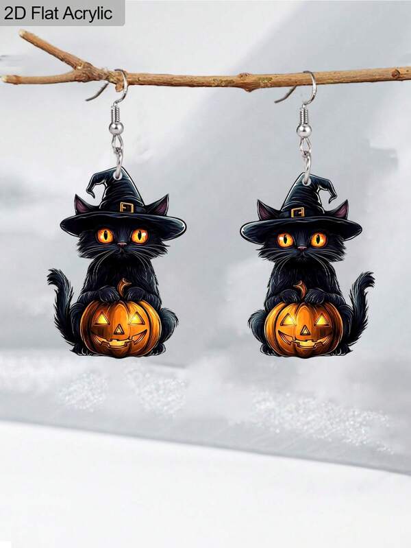 1 Pair Of Halloween Earrings Cute Black Cat And Halloween Pumpkin Acrylic Earrings For Women Female Daily & Holiday Earrings Accessories 2D Flat Earrings Animal Earrings Halloween Gifts