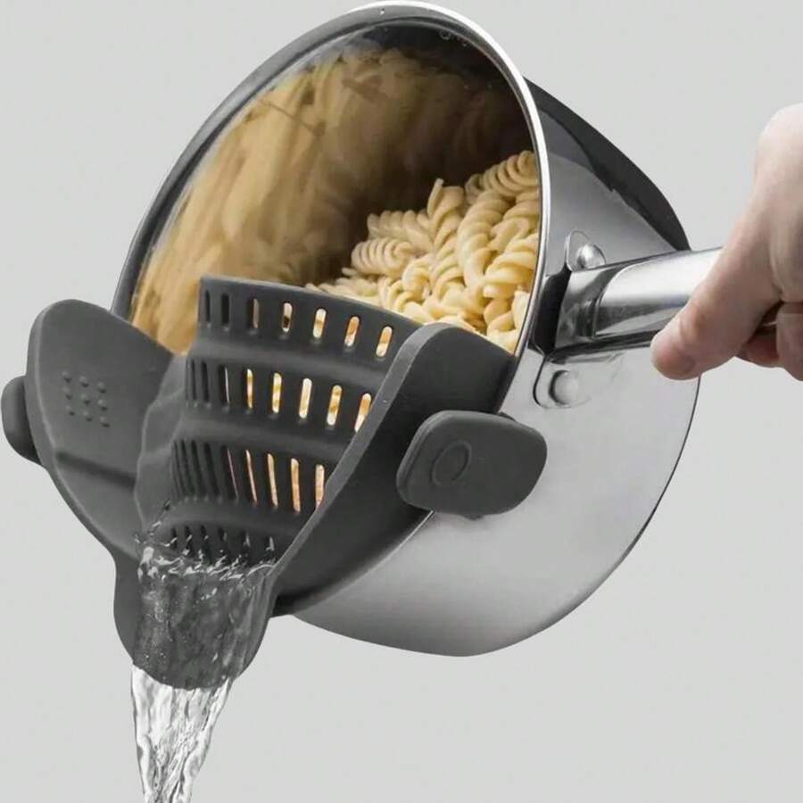 Colador de pasta con olla de silicona lateral, 1 pieza Adjustable Clip de Silicone en colador de cocina, utensilios de cocción esenciales para el hogar, accesorios de la cocina y utensilios, herramientas de cocinar, artículos esenciales de dormitorio, novio, cocina