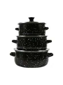 3 Pezzi Set di Pentole Smaltate Multifunzione, Leggero con Coperchi in Vetro, Comprende una Pentola, una Casseruola e una Padella Antiaderente, Facile da Pulire, Adatto per Fornelli a Gas e Elettrici, Essenziale Durevole per la Cucina Domestica e la Ristorazione, Ideale anche per il Campeggio all'Aperto.