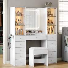 FUSOU Makeup Vanity Desk With Charging Station, LED Mirror, And 2 Glass Cabinets, 11 Drawers Vanity With 3 Color Modes, Adjustable Brightness, Glass Top Dressing Table For Bedroom - 白色 - 查看 3