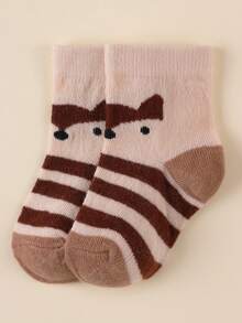 12 双婴儿短袜 - 条纹卡通动物图案，柔软舒适的幼儿学步袜，男婴休闲袜，颜色随机
