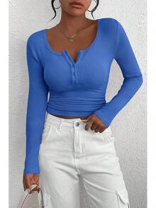 Women's 2026 Fall Long Sleeve Henley T Shirts Button Ribbed Knit Slim Fit Basic Tops Blouse Casual Outfits/Vacation Outfits Women/Valentine Outfits For Women - 寶藍色 - 查看 7