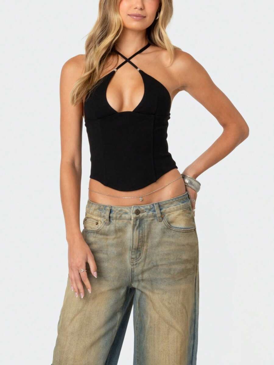 Women Sexy Crop Tops Beaded Corset Tops Crossover Straps Halter Tops Summer Sleeveless Slim Open Back Camisole Back Zip Tank Tops For Party Clubwear Streetwear Going Out Blouse - 黑色 - 查看 1
