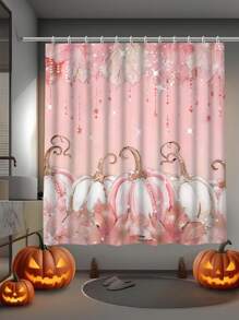 Elegant Autumn Bathroom Set - 4pcs, Includes Maple Leaf & Pumpkin Design Waterproof Polyester Shower Curtain, 12pcs Hooks, Anti-Slip Bath Mat, U-Shaped Toilet Lid Cover - Perfect For Autumn Bathroom Decor