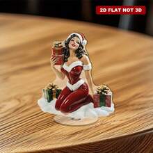 2D Rotating Acrylic Desktop Decor - Plump Female Figure In Santa Costume With Gifts, White Fur Blanket And Faux Snow Base, Holiday Decoration Suitable For Living Room, Bedroom, Kitchen, Christmas Home Decor, Christmas Gift