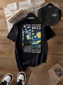 Blusa de verano informal con camiseta tributo a la pintura "La noche estrellada" de Van Gogh y estampado de números 1853, blusa de primavera y verano cómoda, de cuello redondo y mangas cortas, camiseta gráfica para mujeres