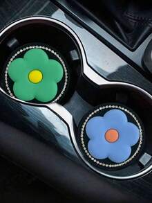 2 件时尚蓝绿花朵水钻汽车杯架杯垫 - 彩色 - 查看 4