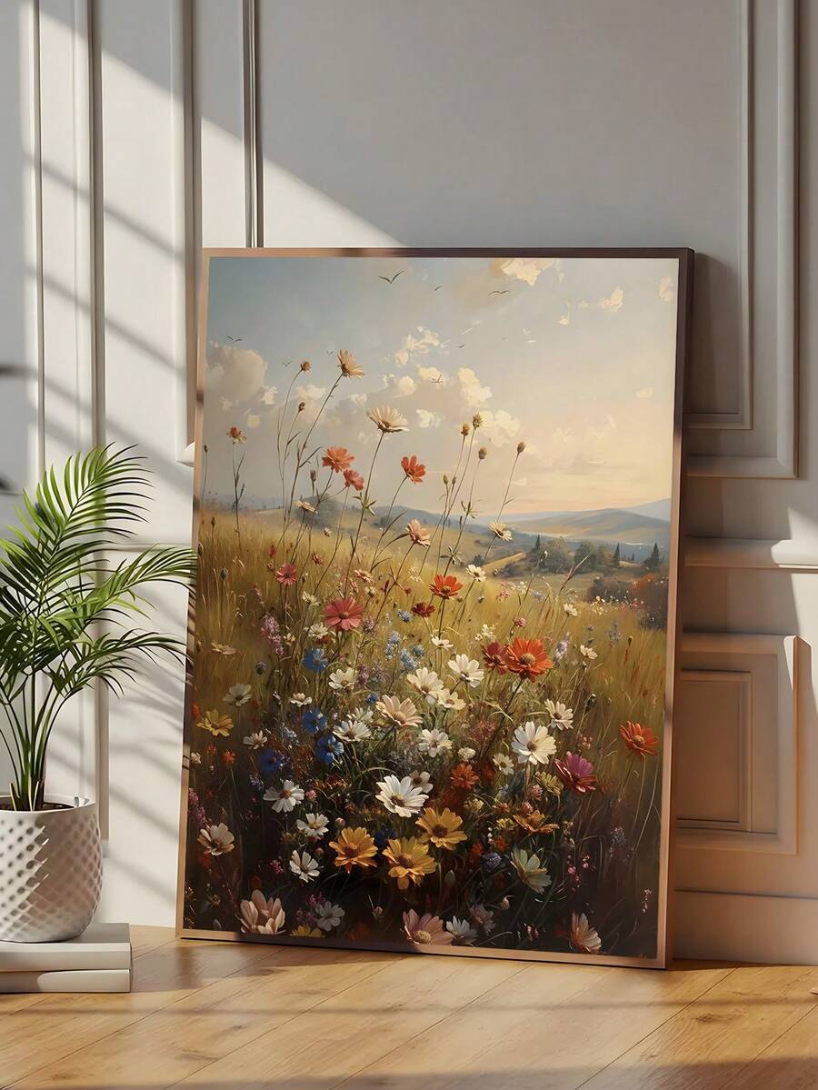 1 件复古野花海报自然乡村野花风景帆布墙艺术仿古农舍乡村波西米亚花卉印花画，自然植物风景帆布墙艺术，春季野花海报，秋季墙艺术，卧室装饰，客厅装饰，办公室装饰， - 彩色 - 查看 1