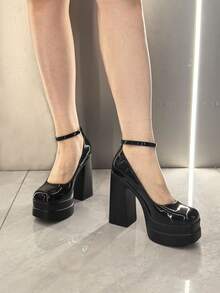 Platform High Heels For Women Chunky Heeled Mary Janes Heels Closed Toe Adjustable Ankle Strap Y2K Shoes - 黑色-1 - 查看 5