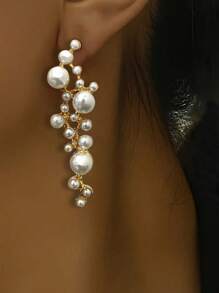 Faux Pearl Earrings, Geometric Rhinestone Inlaid Pearl Decor Alloy Earrings, Versatile Accessory