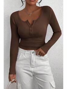 Women's 2026 Fall Long Sleeve Henley T Shirts Button Ribbed Knit Slim Fit Basic Tops Blouse Casual Outfits/Vacation Outfits Women/Valentine Outfits For Women - 咖啡 - 查看 1