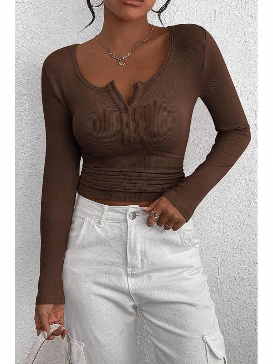 Women's 2026 Fall Long Sleeve Henley T Shirts Button Ribbed Knit Slim Fit Basic Tops Blouse Casual Outfits/Vacation Outfits Women/Valentine Outfits For Women - 咖啡 - 查看 1