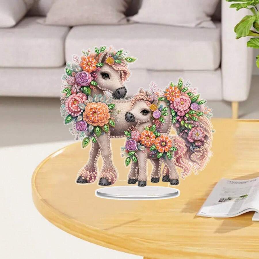 2pcs Little Horse Pattern Diamond Painting Desktop Set, 5D DIY Diamond Art Desktop Decor, Gem Inlaid Craft For Home Bedroom Tabletop Decoration