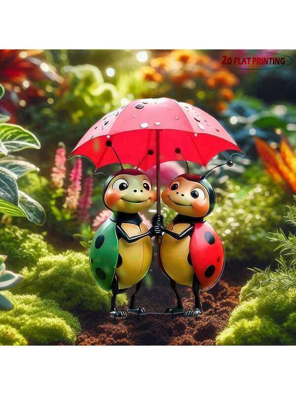 2D Ladybug Garden Stake | Outdoor Wedding Decor - Lawn Ornament, Bridal Shower Planter Sculpture, Red & Black Cartoon, All-Weather, No Electricity Required, European Garden Wedding Season Limited Edition