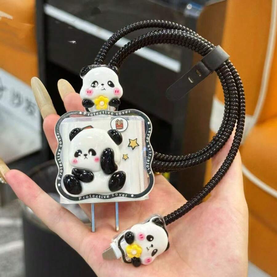 五合一套装：3D熊猫卡通软壳，防刮防摔，兼容苹果20W/18W快充，兼容 14/15/16，1.5米数据线（带卷线器） - 黑色 - 查看 1