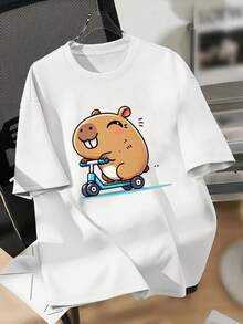 Camiseta casual con estampado, capibara en motobicicleta monopatin scooter , para mujer ajuste regular manga corta playera cuello redondo, blusas gráficas para mujer - Blanco - Ver 1