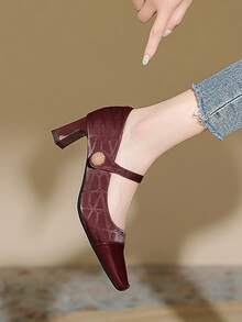 Women's New Convenient Hook And Loop Strap High Heel Shoes, Chunky Heel Non-Fatiguing Square Toe Fashion Spring/Autumn Versatile Mid-Heel Shoes, French Mary Jane Pumps, Black Color Enhances Professionalism - Burgundy - View 8