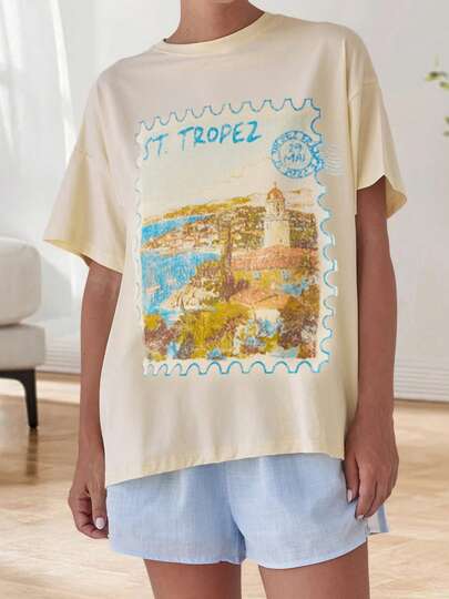 Autumn Outfits Women Summer Basic T-Shirt Casual Graphic Print Loose Short Sleeves Tops For Streetwear Aesthetic Grunge Clothes