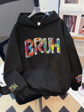 青少年男童创意彩色字母印花休闲连帽运动衫，冬秋季均可穿着，适合男孩和女孩穿着，适合日常穿着、派对、上学、参加音乐节、度假、通勤。