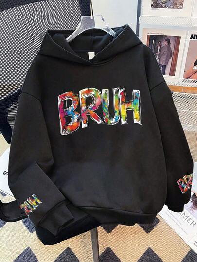 青少年男童创意彩色字母印花休闲连帽运动衫，冬秋季均可穿着，适合男孩和女孩穿着，适合日常穿着、派对、上学、参加音乐节、度假、通勤。