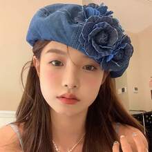 Denim Beret Hat Painter Hat For Women French Hat Artist Hat Casual Sun Hat With Adjustable Strap - 藍色 - 查看 4