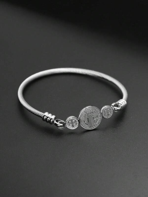 1pc Stainless Steel Minimalist 3 Round Disc Bangle Bracelet, Silver Color, Versatile