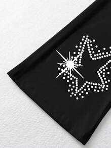 女童星形印花喇叭裤，休闲修身优雅长裤，饰有闪亮星形图案，喇叭裤腿设计，适合户外运动 - 黑色 - 查看 7