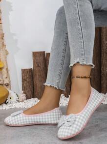 Cartoon Plaid Bow Decor Slippers, Lightweight Flat Indoor Shoes, Soft Non-Slip Bedroom Slippers - Grey - View 3