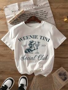 Camiseta de Manga Corta 100% Algodón para Mujeres, Camiseta con Estampado de Dachshund, Top Casual de Cuello Redondo de Manga Corta, Ropa de Primavera Verano para Mujeres - Blanco - Ver 1