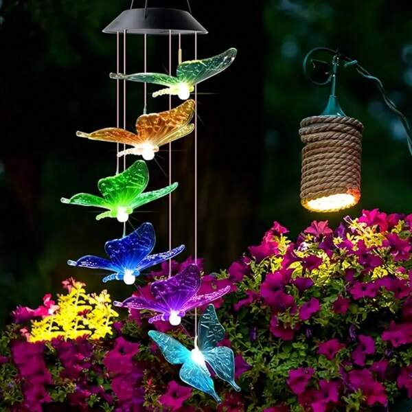 1PC Solar Butterfly Chandelier - Colorful, Glowing Outdoor Decoration For Gardens, Courtyards, And Tree Paths, Long-Lasting Brightness, Solar Charging, Outdoor Lighting | Vibrant Outdoor Decoration | Solar Charging Lamp, Butterfly Decoration