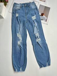 秋季女装女士中腰休闲办公职业装破洞及踝直筒牛仔裤夏季女装牛仔裤