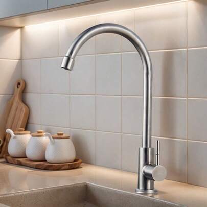 1pc High Quality Stainless Steel Kitchen Faucet, Cold Water Sink Faucet, 360° Swivel Splash-Proof Faucet, Bathroom Sink Stainless Steel Faucet Kitchen Items Kitchen Accessories Kitchen Tools