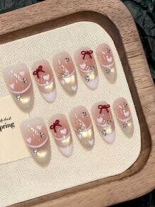 10 Peças Unhas Postiças em Formato Elíptico com Laço Rosa, Pressão Manual Pura, Laço 3D Vermelho Brilhante com Strass, Adequado para Decoração Externa, Suprimentos de Arte de Unhas Feitas à Mão