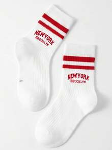 1pr Children's Double-Bar Letter Design Athletic Mid-Calf Socks, Casual Wear - Multicolor - View 10
