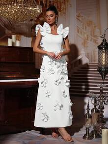 Modphy 新款时尚高端 3D 花卉装饰修身高领无袖蝴蝶结饰边连衣裙，适合婚礼、宾客、伴娘、节日派对、正式晚礼服 - 白色 - 查看 2